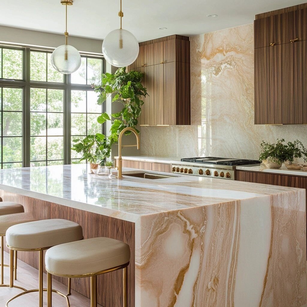 statement island with pink stone and waterfall edge in San Diego
