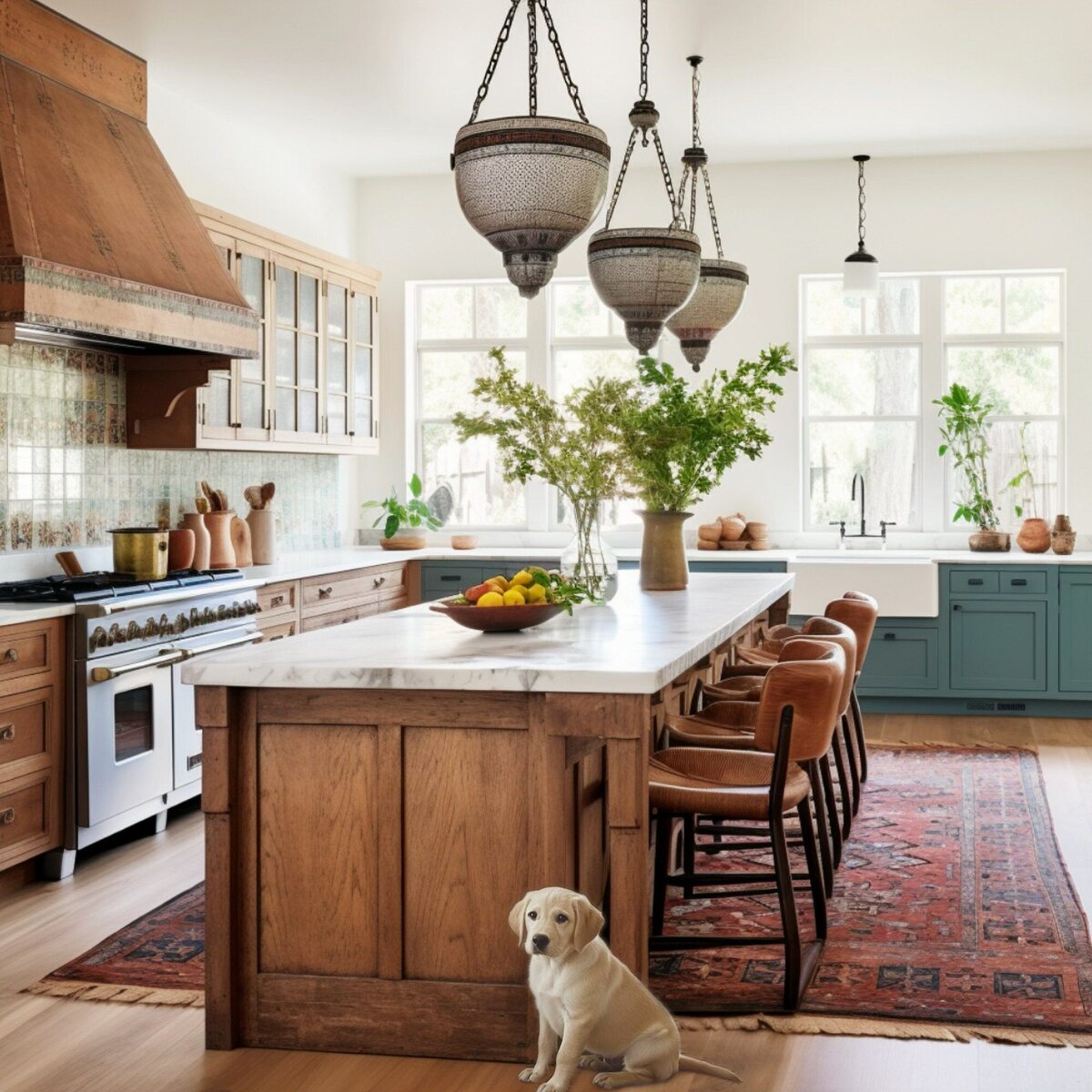 brown wood kitchen island with pendant lighting in san diego kitchen remodel