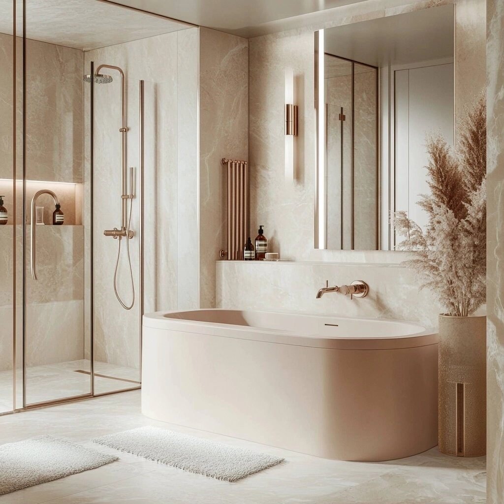 modern bathroom with sculptural tub and curbless shower in San Diego