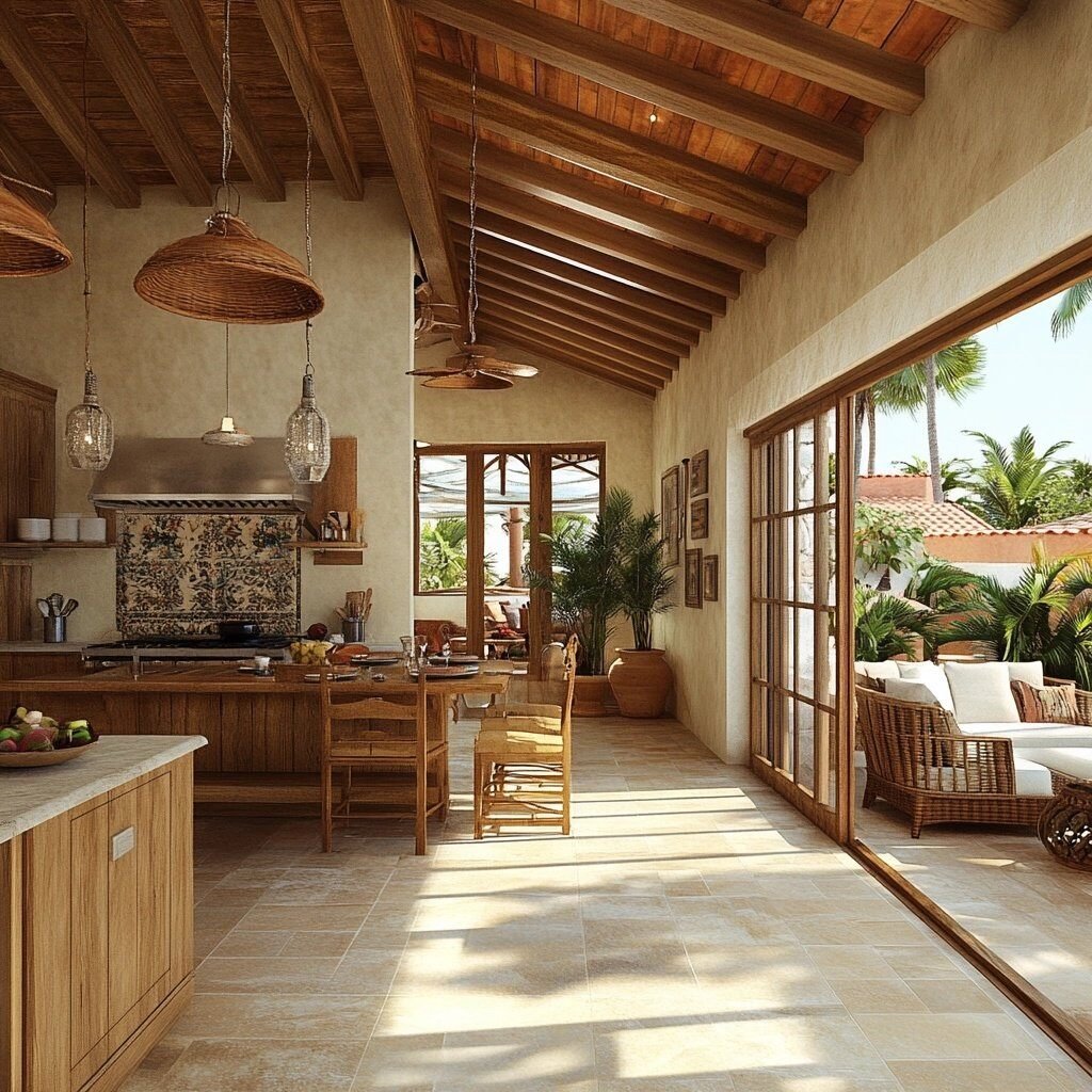 Full home remodel view from the kitchen and open doors to patio beyond.